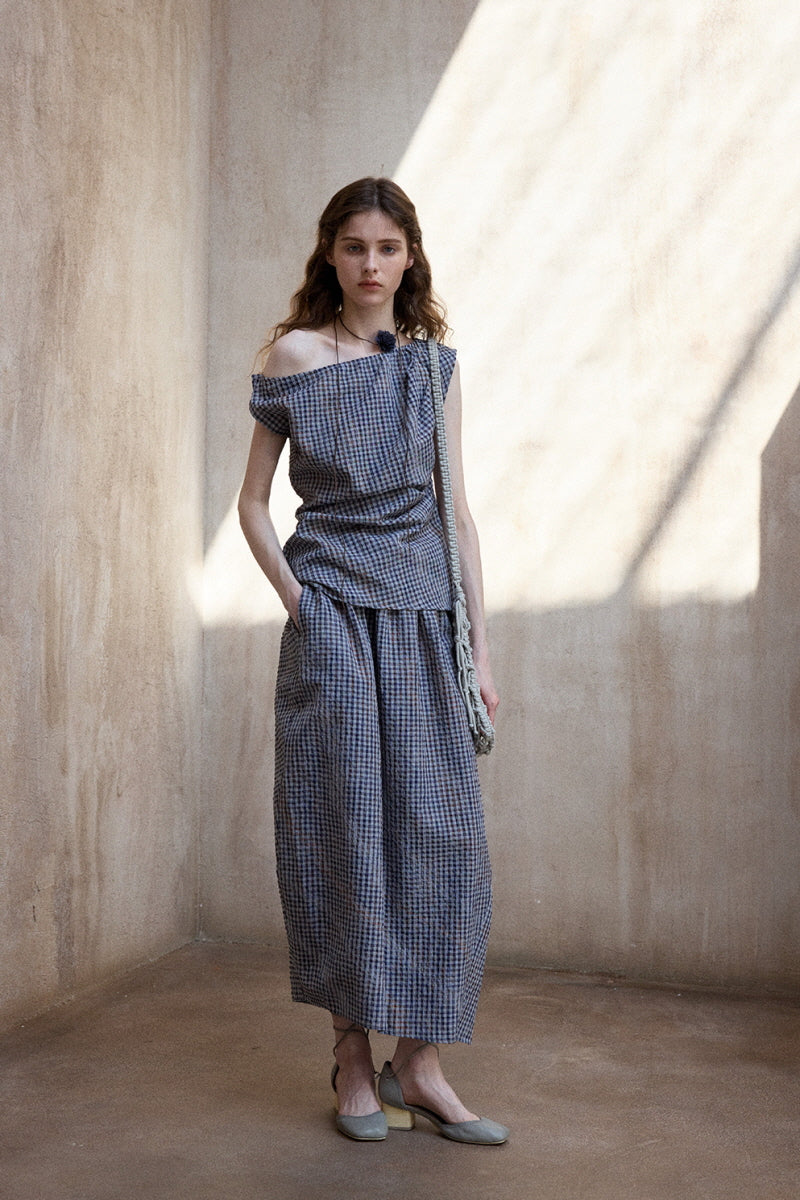 Asymmetrical Plaid Off-Shoulder Top