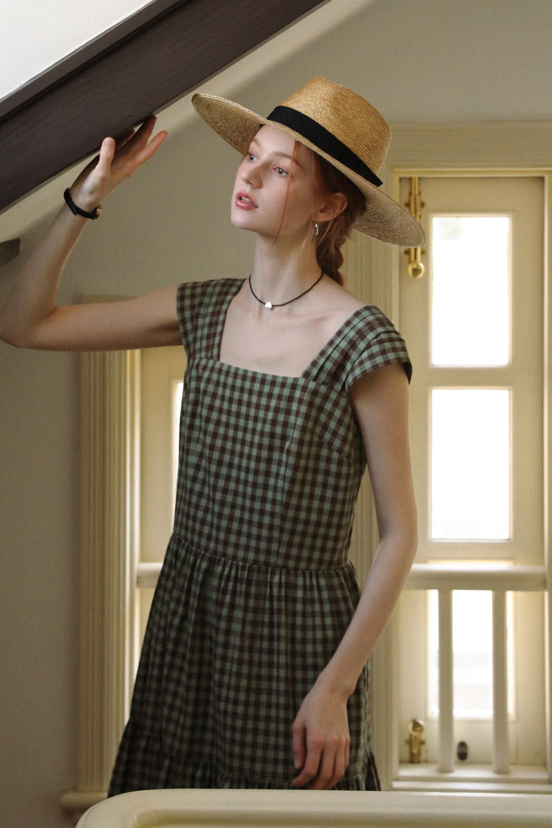 Square Neck High Waist Check Strap Dress