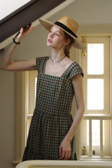 Square Neck High Waist Check Strap Dress