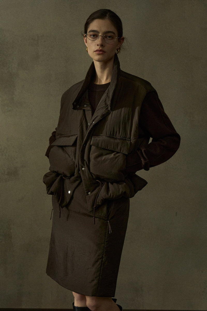 Stand-Collar Cinched-Waist Padded Vest