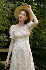 Square Neck Waist Cinch Floral Dress