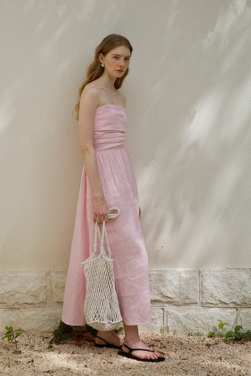 Pleated Bandeau Slit Maxi Dress