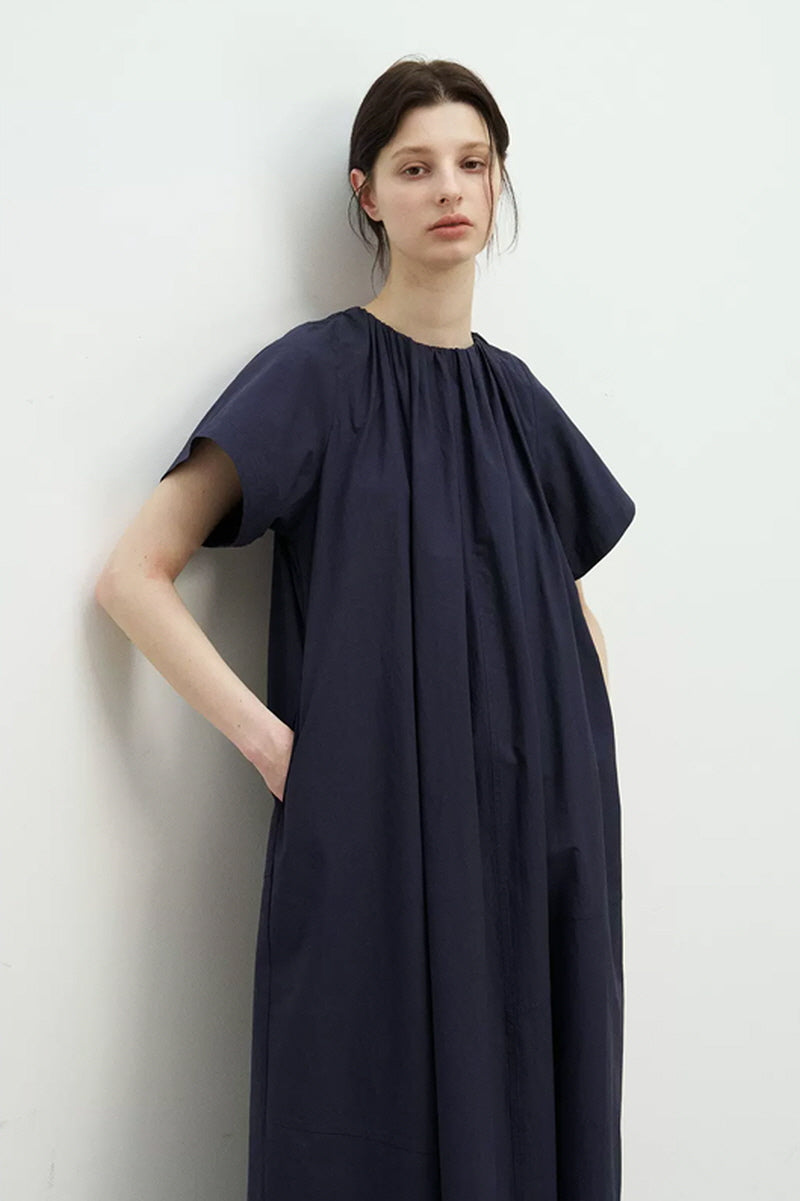 Elastic Shirred High-Cut Neck Maxi Dress