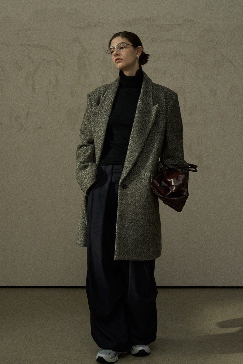 Textured Herringbone Lapel Coat