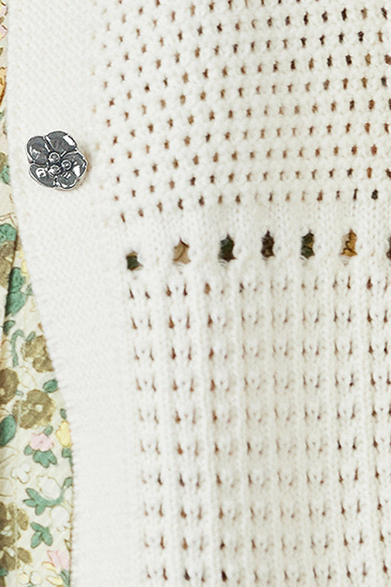 Textured Micro-Cut-Out Knit Pearl Button Cardigan