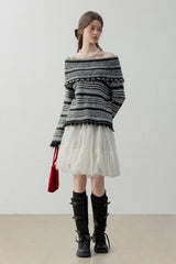 Lapel One-Shoulder Striped Sweater