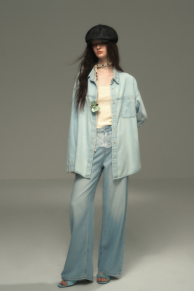 Panelled Lace Straight-Leg Jeans