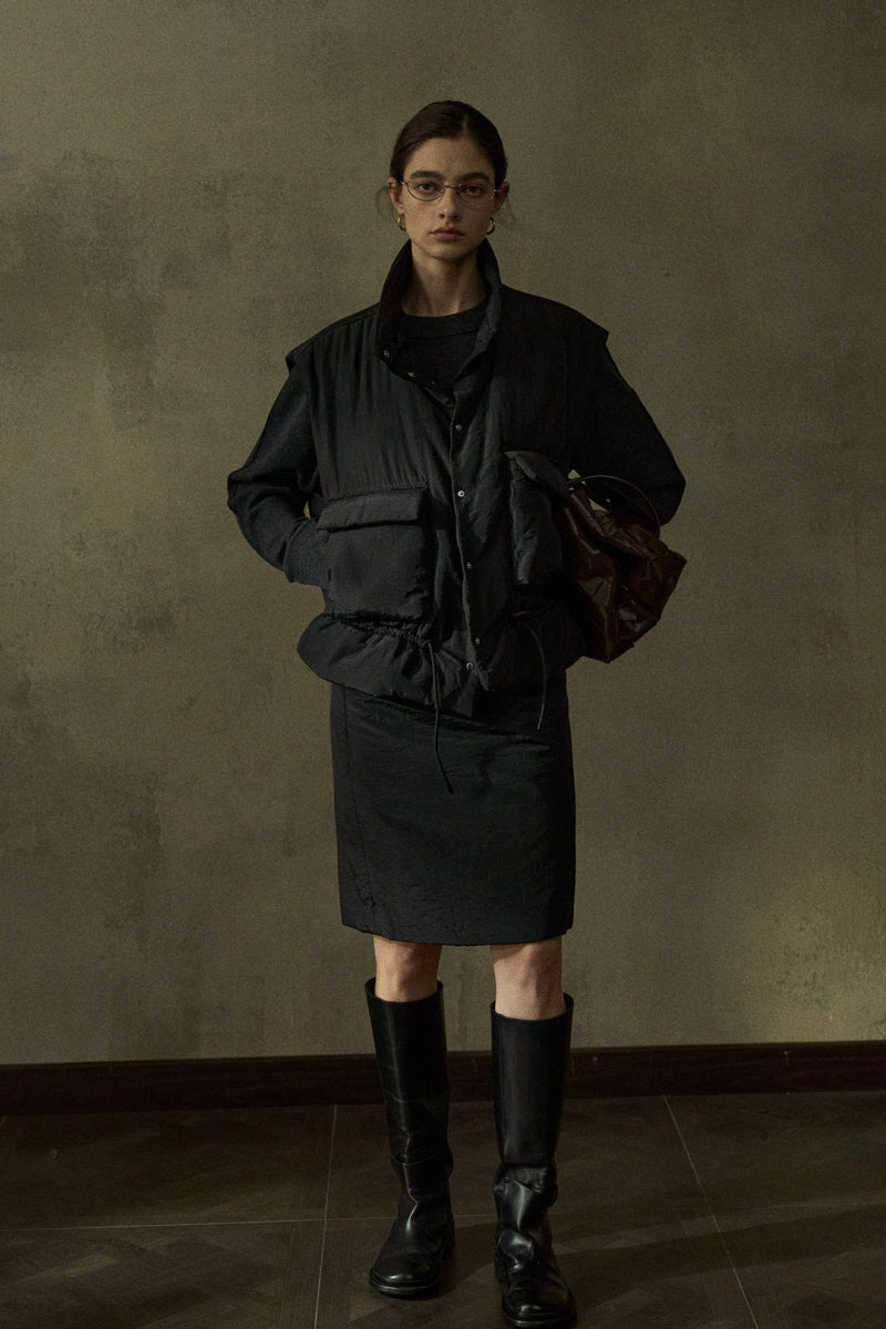 Stand-Collar Cinched-Waist Padded Vest