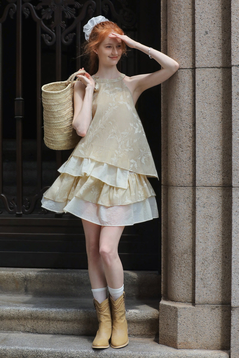 Halterneck Bow Tie Multi-layered Patchwork Dress