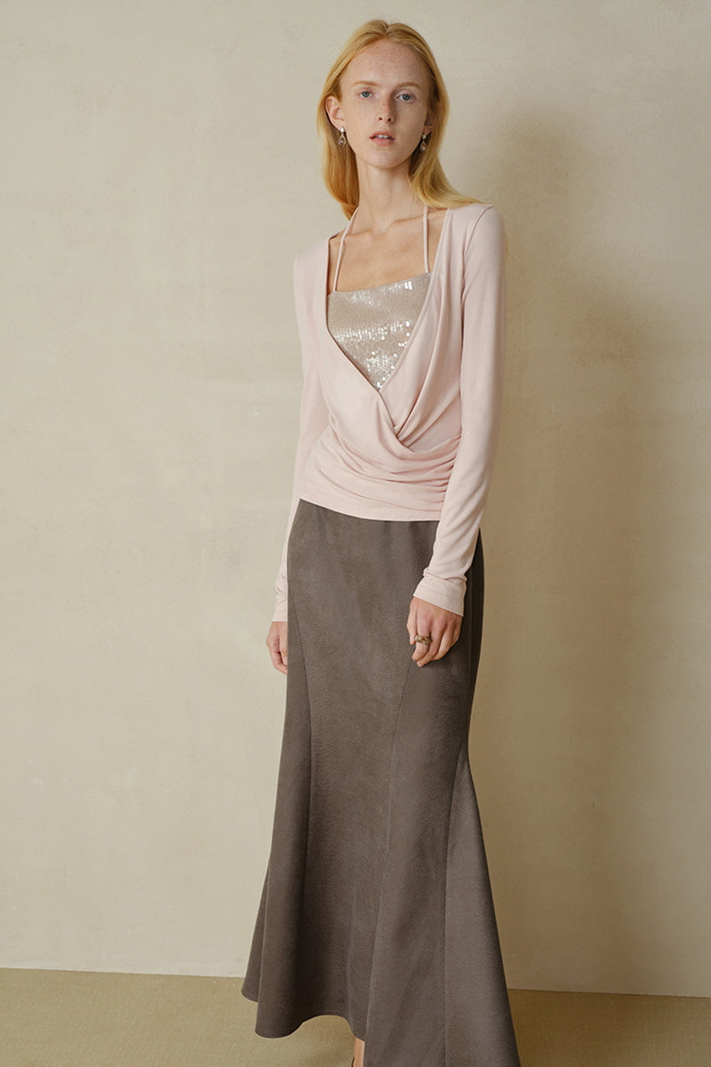 Overlapping Shirred Halterneck Pullover