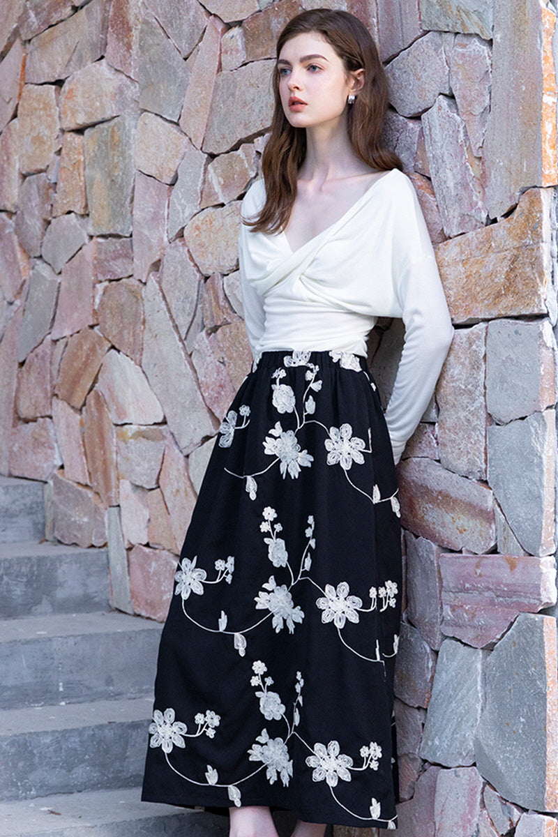Embroidered A-Line Midi Skirt