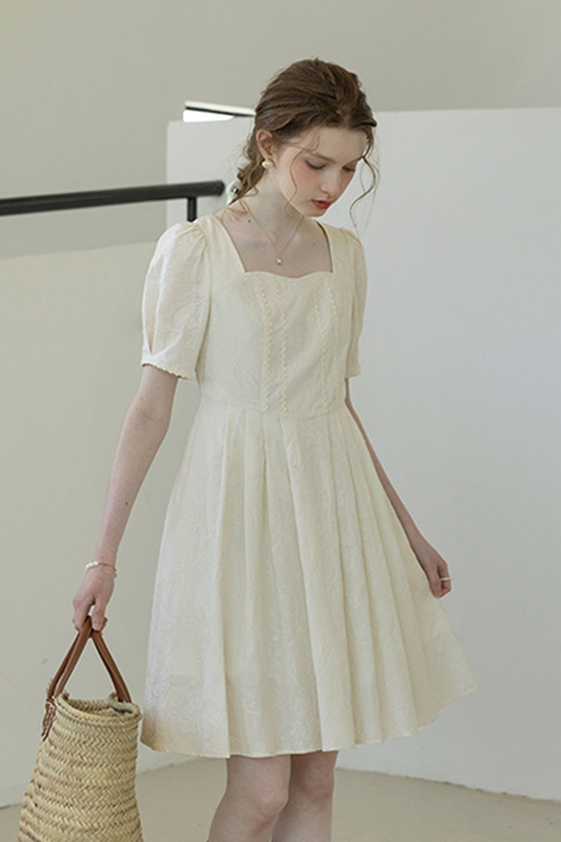 Square Neck Embroidered Pleated Dress