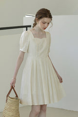 Square Neck Embroidered Pleated Dress