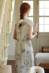 Diagonal Placket Ink Bamboo Cheongsam Dress