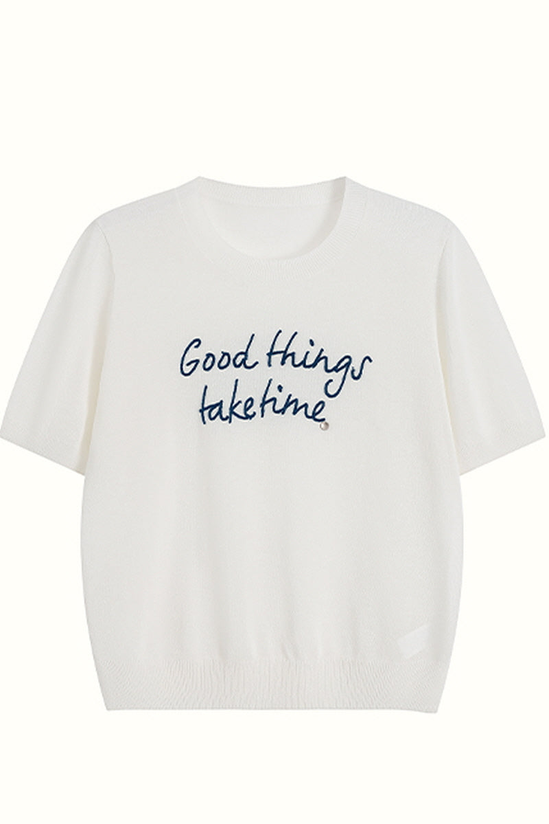 Contrast Embroidery Monogram Short Sleeve Sweater