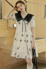 Navy Collar Paneled Embroidered Dress