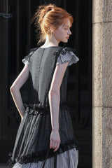 Gentle V-Neck Fly Sleeve Patchwork Check Dress