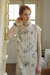 Diagonal Placket Ink Bamboo Cheongsam Dress