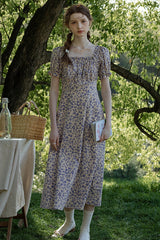 Fungus-Trimmed Square Neck Puff Sleeve Floral Dress