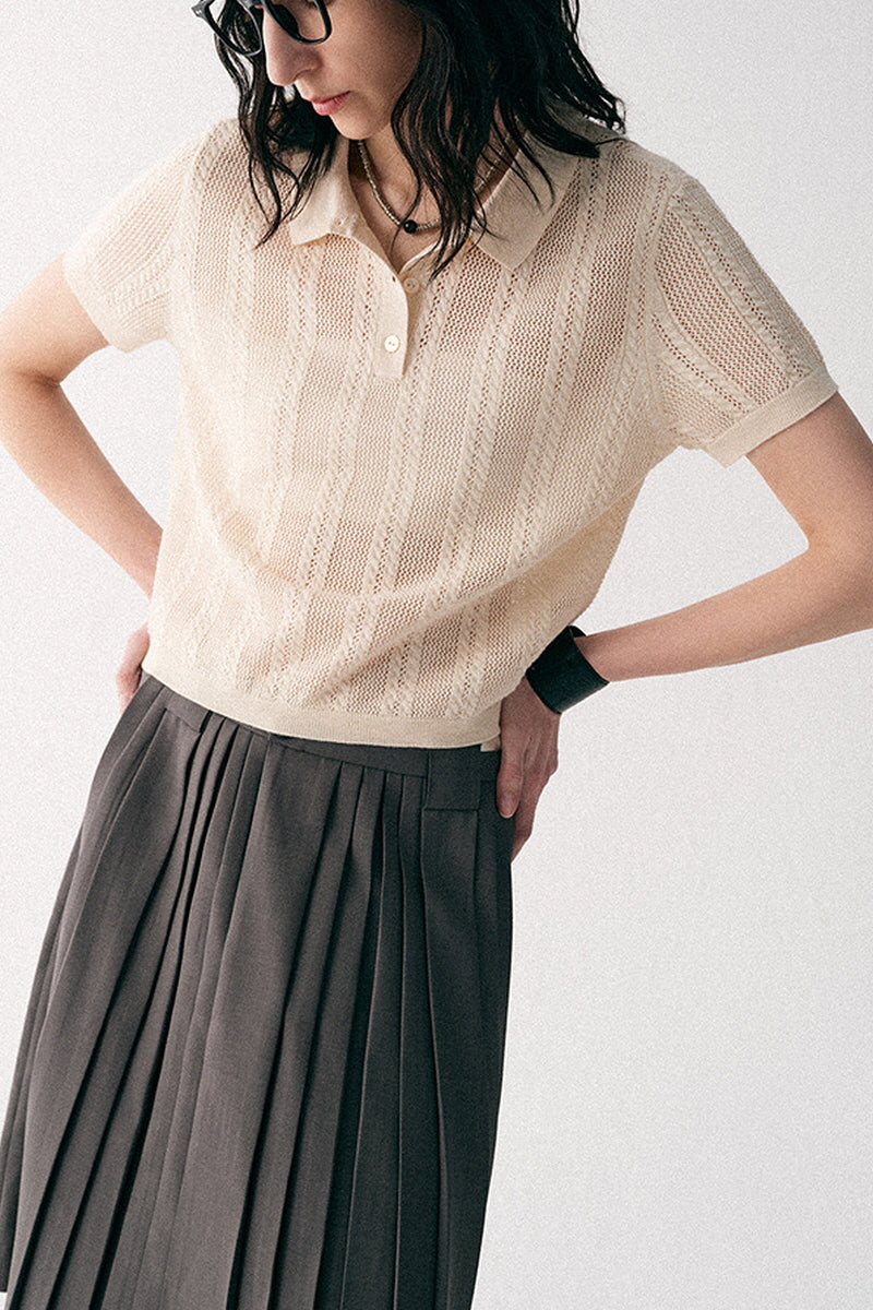 Cut-Out Texture Polo Neck Short Sleeve Smock T-Shirt