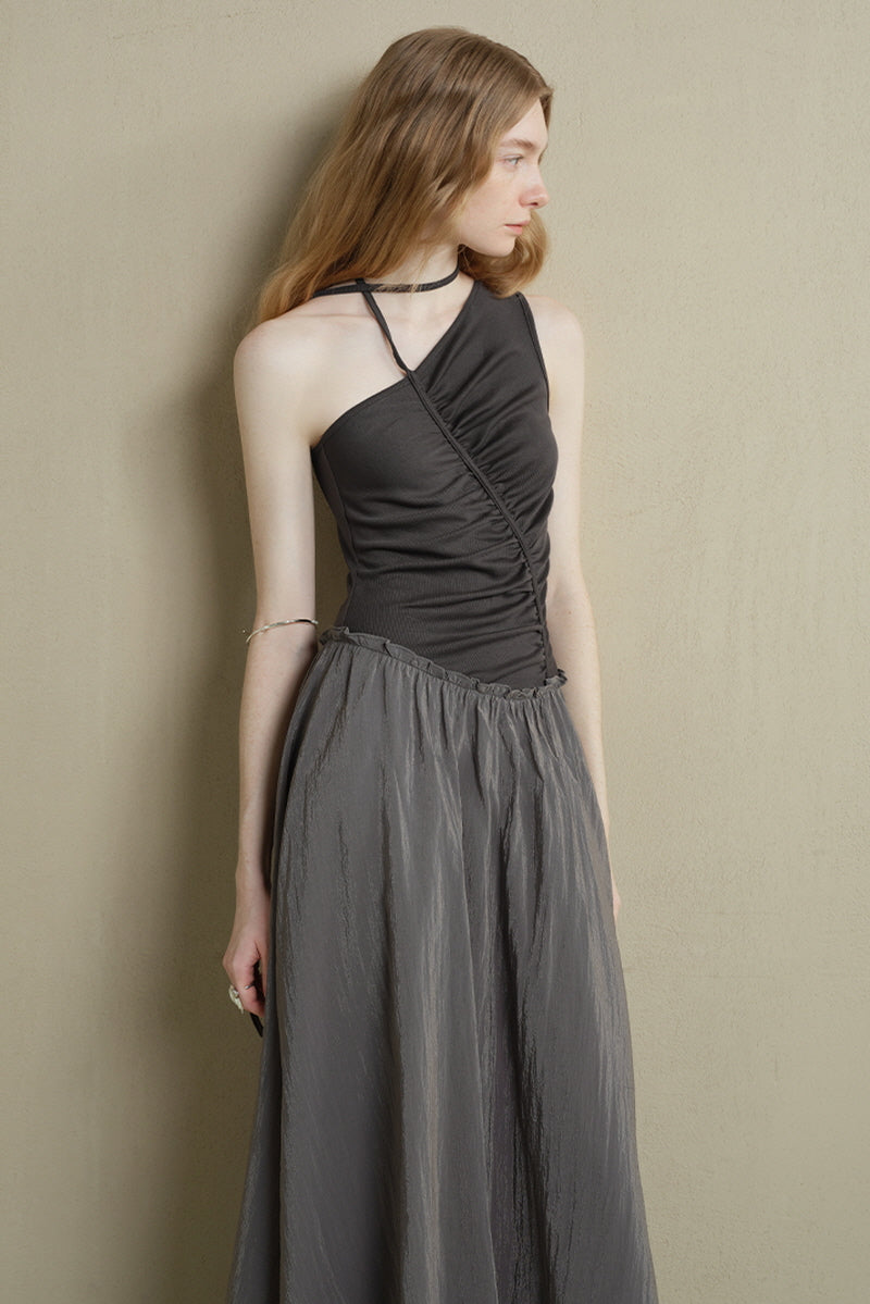 Irregular Panel Pleated Slanted-Shoulder Dress