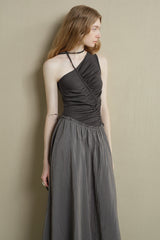 Irregular Panel Pleated Slanted-Shoulder Dress