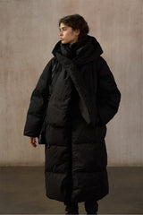 Matte Detachable-Hood Long Down Jacket