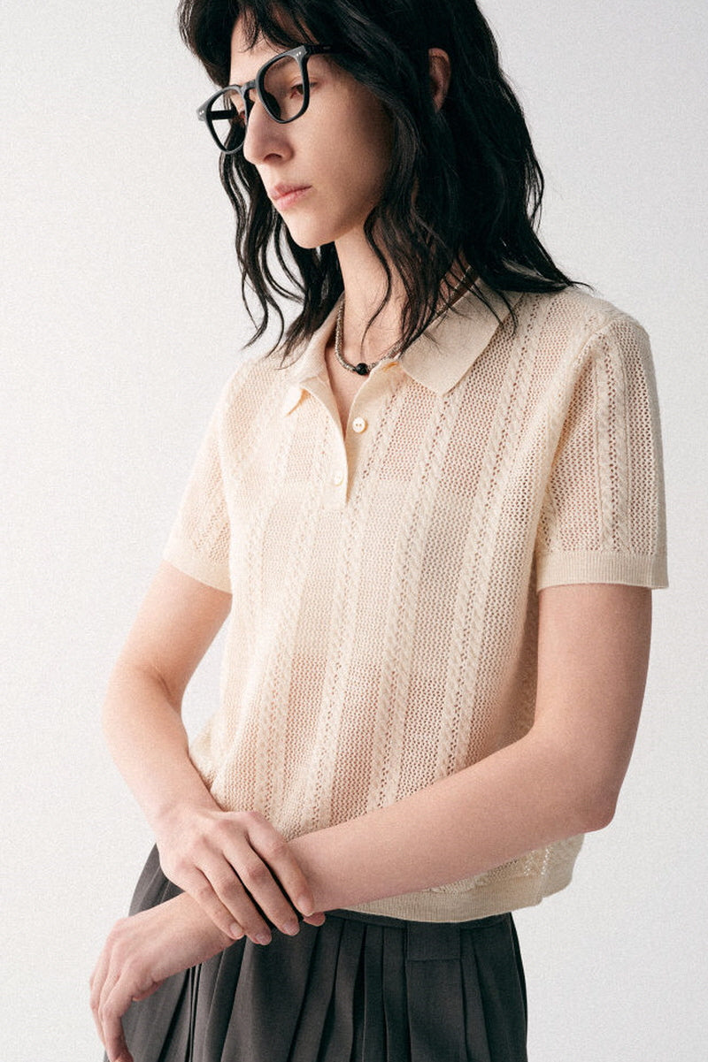 Cut-Out Texture Polo Neck Short Sleeve Smock T-Shirt
