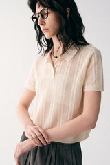Cut-Out Texture Polo Neck Short Sleeve Smock T-Shirt