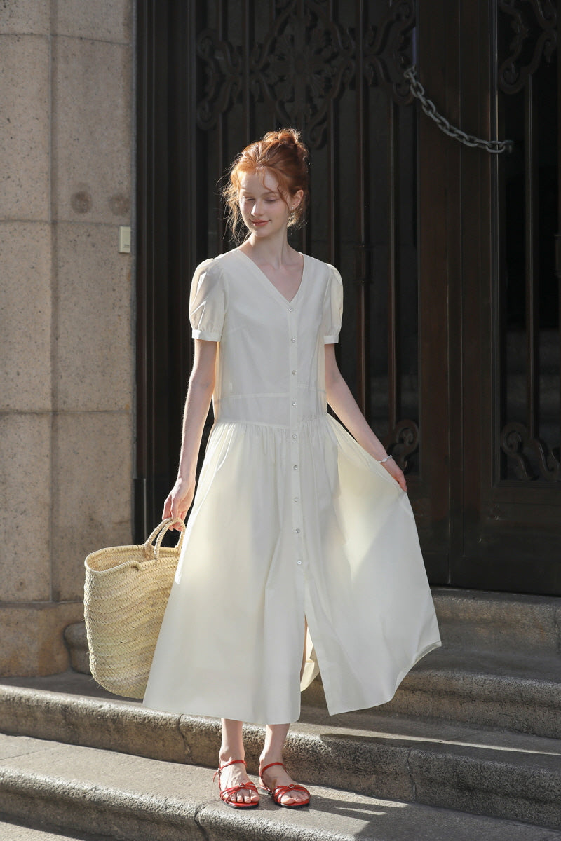 Split V-Neck Puff Sleeve Shirt Dress