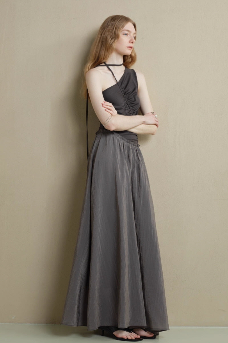 Irregular Panel Pleated Slanted-Shoulder Dress