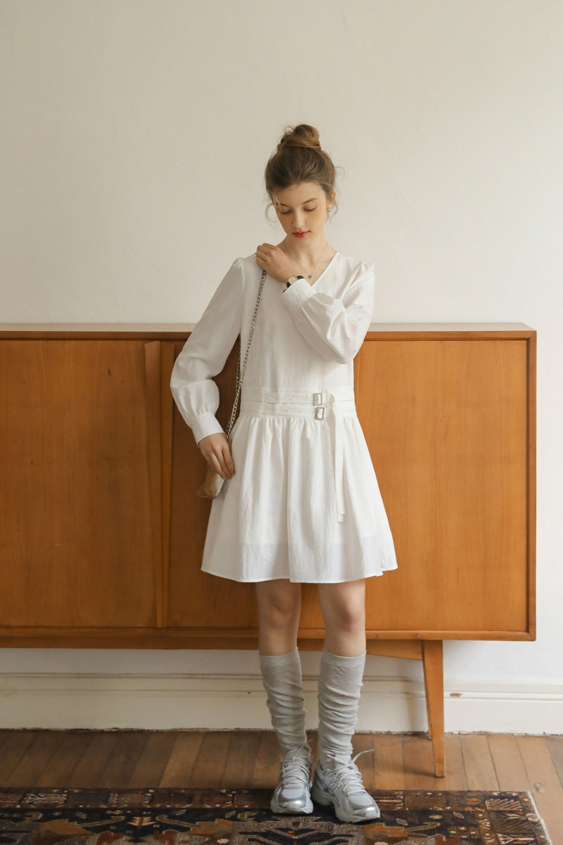 Double Belt Cinched V-Neck Long Sleeve Dress
