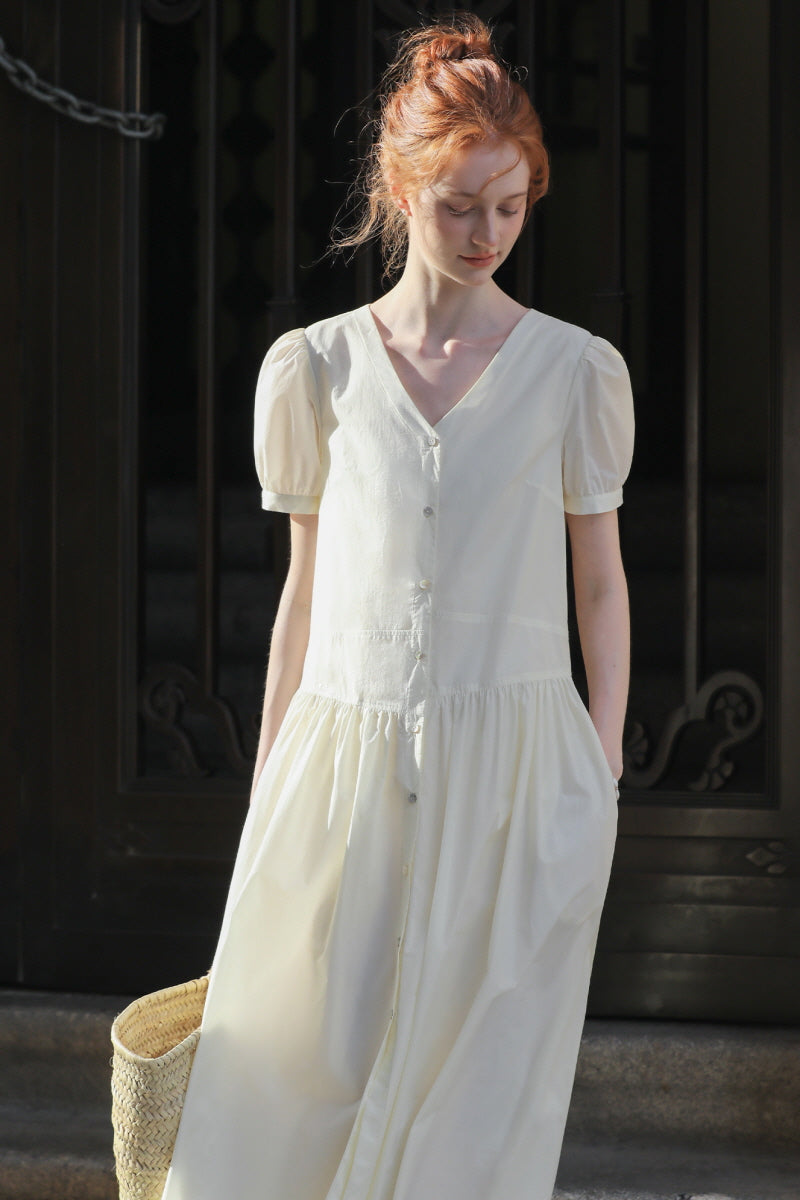 Split V-Neck Puff Sleeve Shirt Dress
