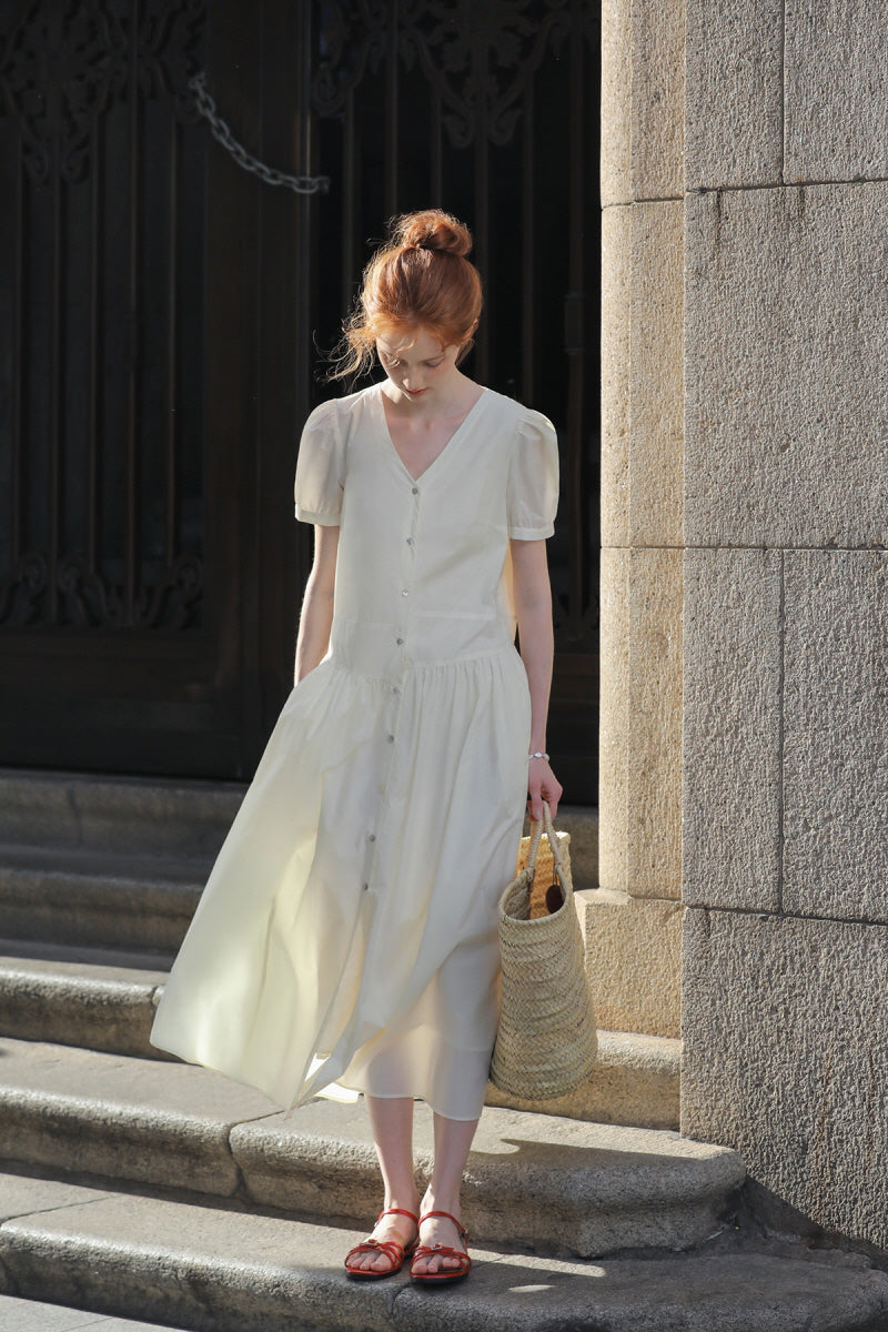 Split V-Neck Puff Sleeve Shirt Dress