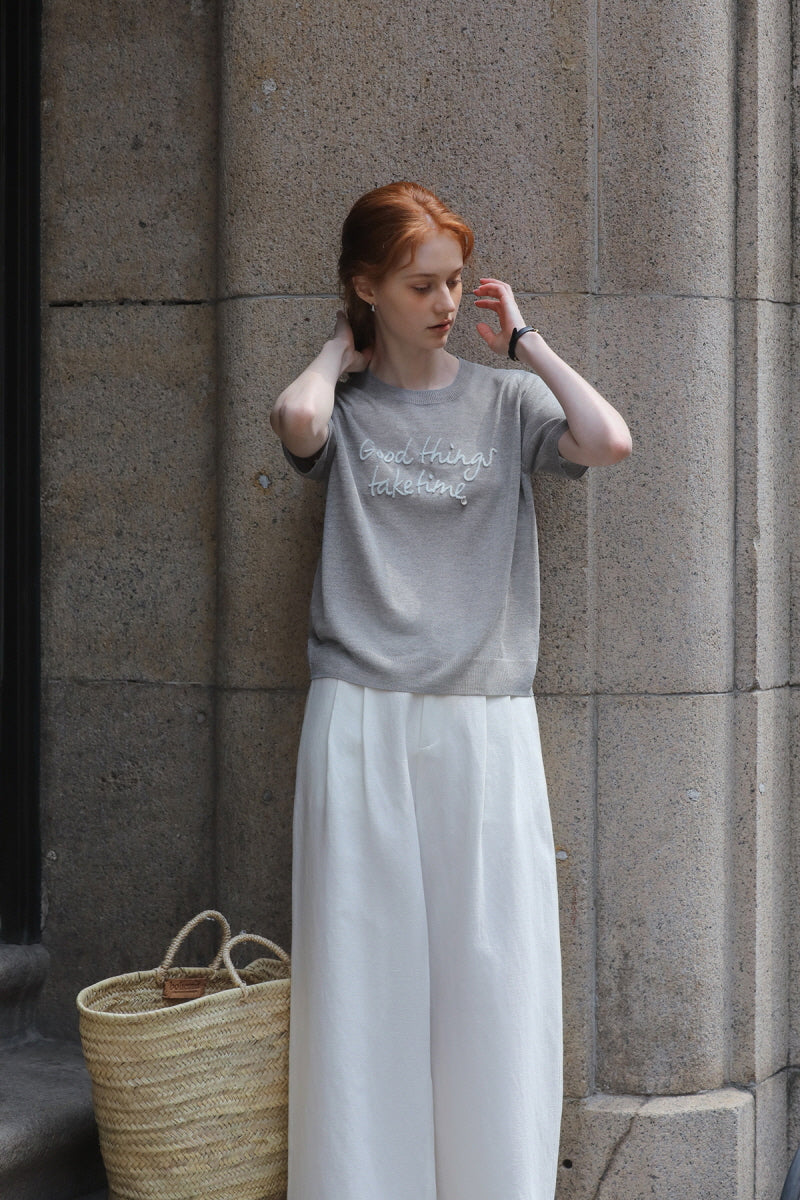 Contrast Embroidery Monogram Short Sleeve Sweater
