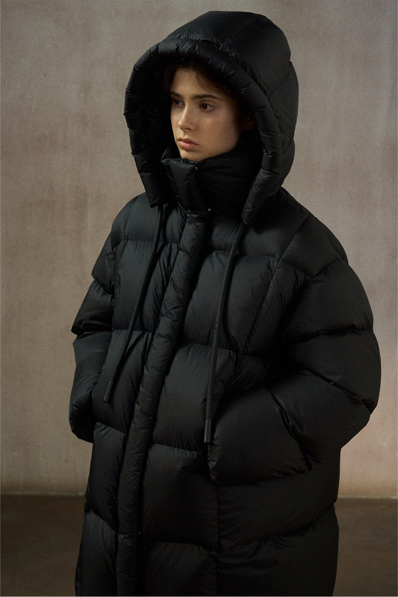 Cocoon Hooded Mid-Length Down Jacket