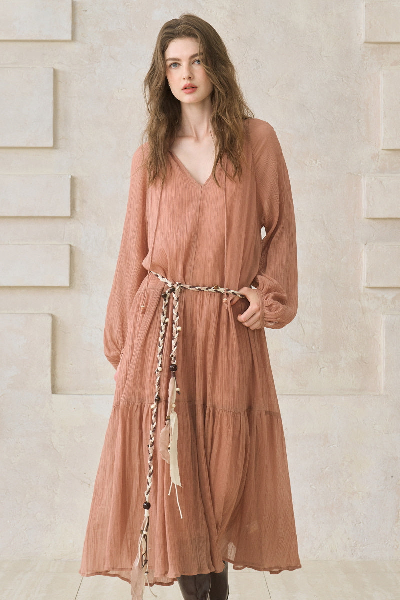 Ruffled V-Neck Long Dress