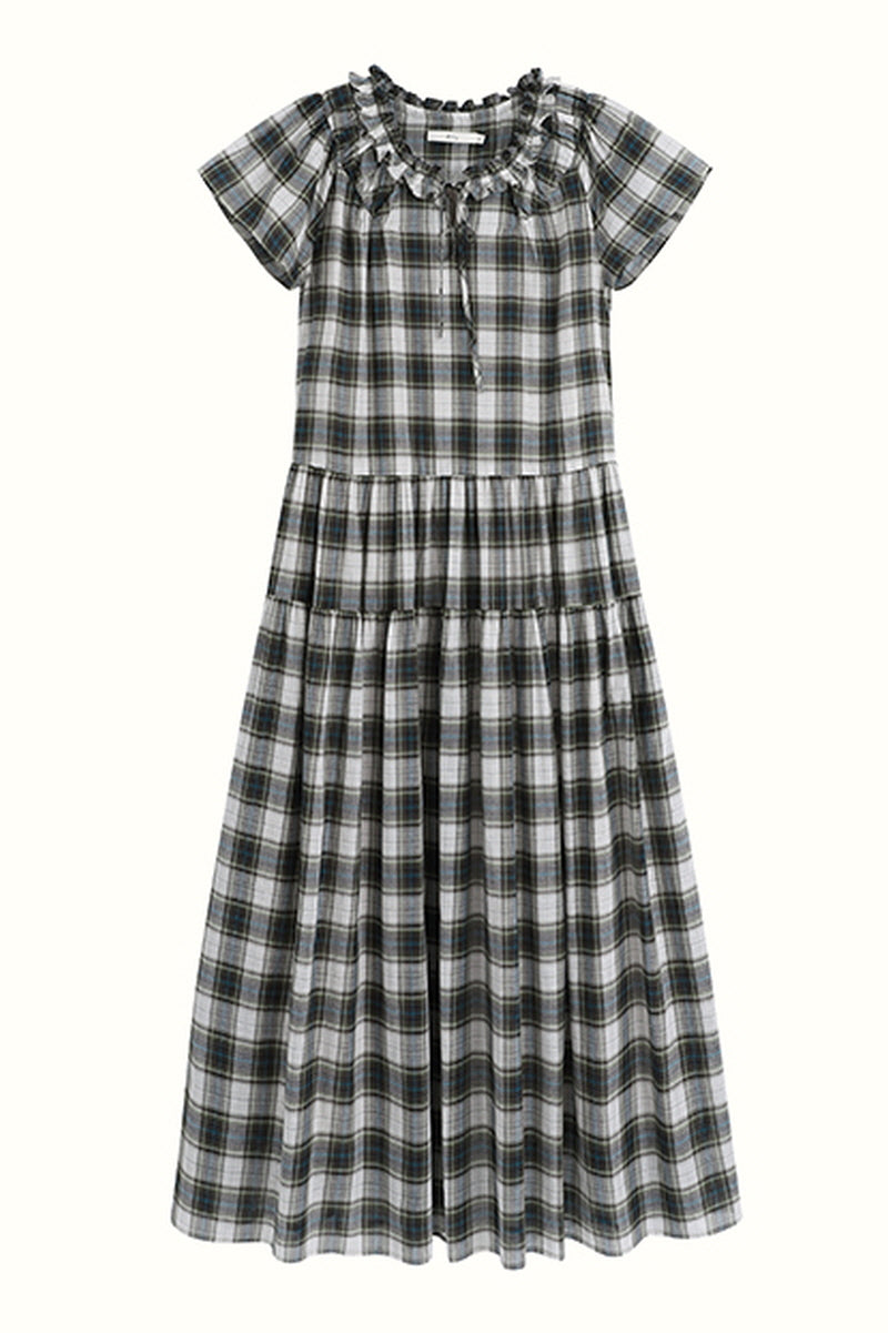 French Vintage Tie V-Neck Check Dress