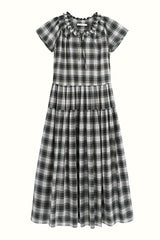 French Vintage Tie V-Neck Check Dress