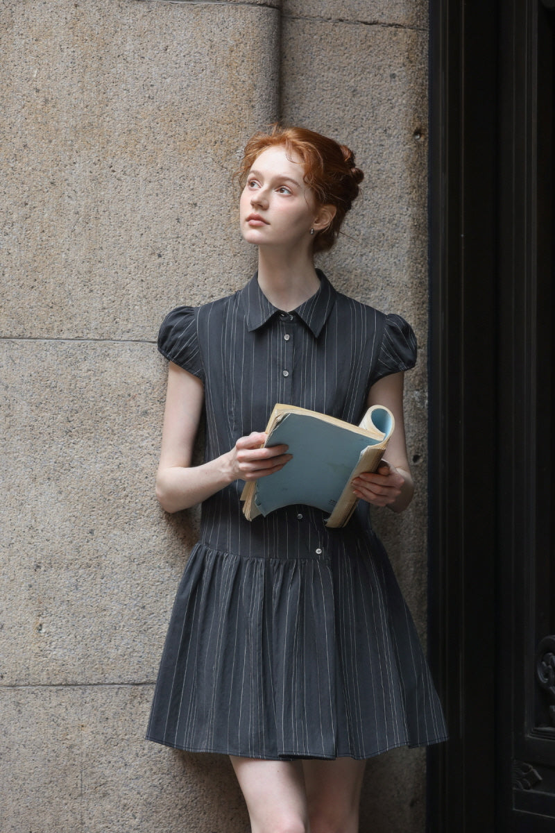 Diagonal Placket Puff Sleeve Shirt Dress