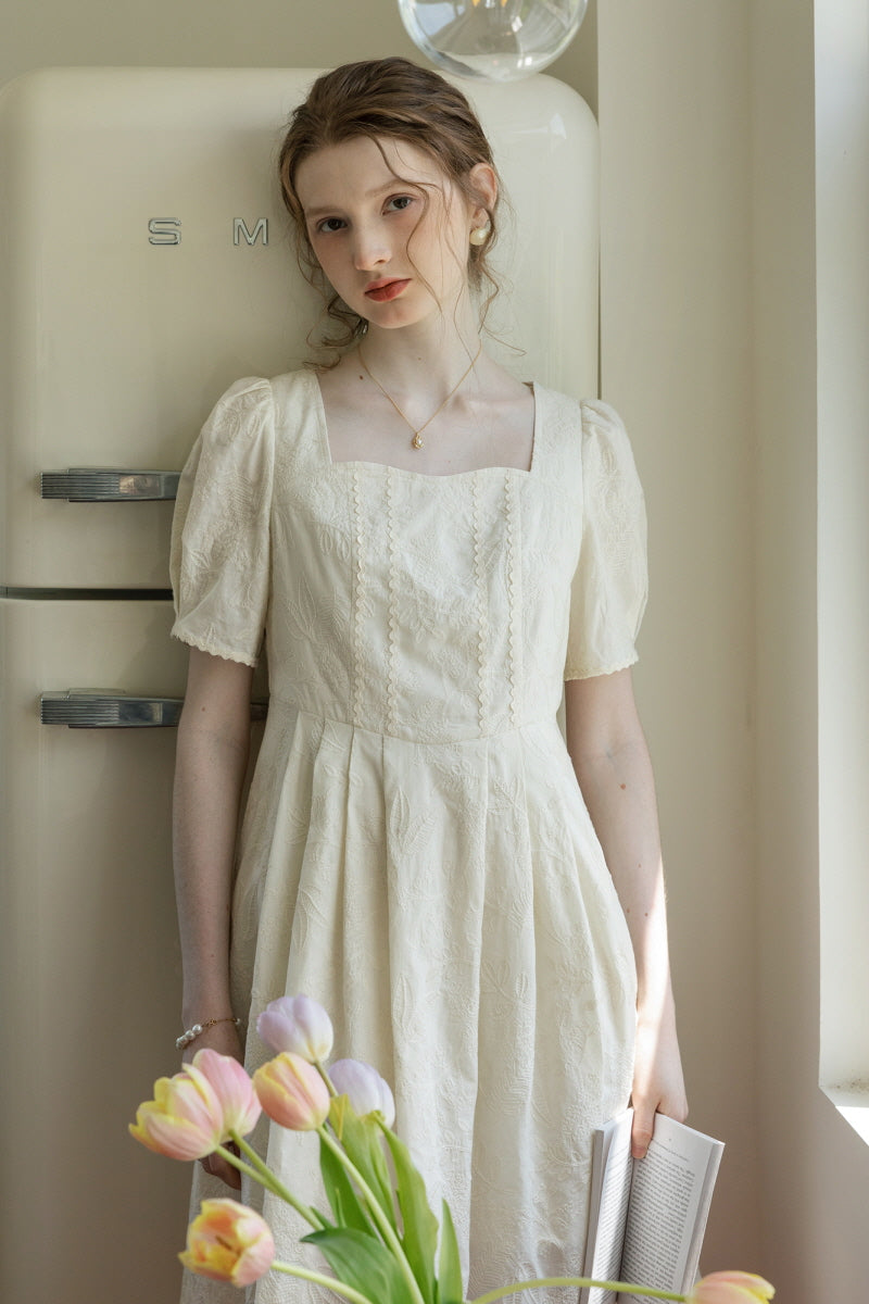 Square Neck Embroidered Pleated Dress