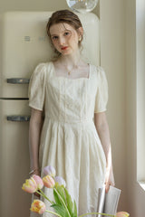 Square Neck Embroidered Pleated Dress