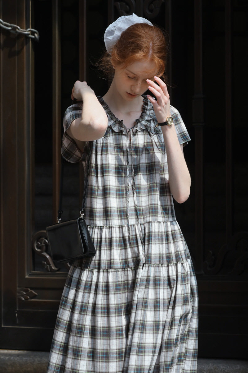 French Vintage Tie V-Neck Check Dress