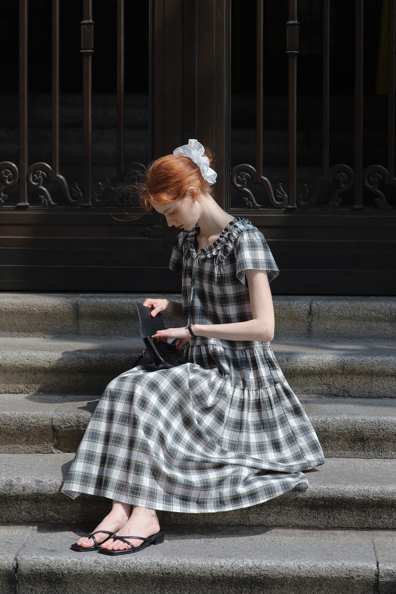 French Vintage Tie V-Neck Check Dress
