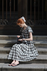 French Vintage Tie V-Neck Check Dress