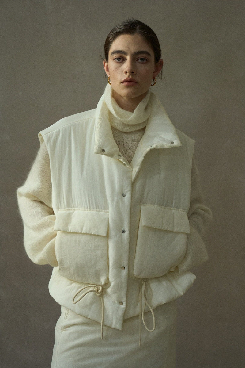 Stand-Collar Cinched-Waist Padded Vest