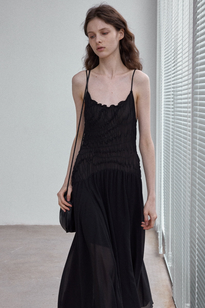 Pleated Asymmetrical Midi Slip Dress