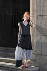 Gentle V-Neck Fly Sleeve Patchwork Check Dress