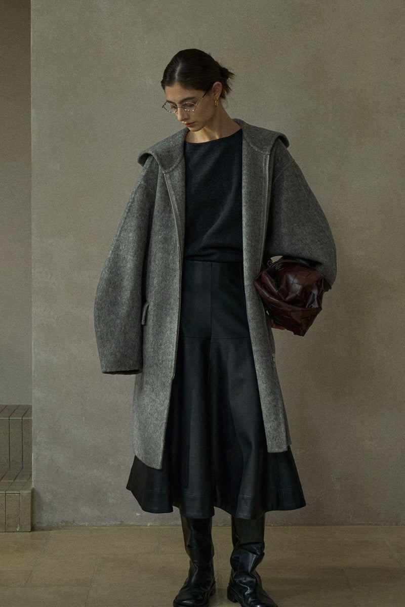 Hooded Scimitar-Sleeve Reversible Coat