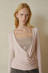 Overlapping Shirred Halterneck Pullover